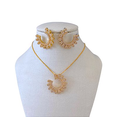 Conjunto Folheado Ouro 18k e Prata 925 Mandala Cravejada