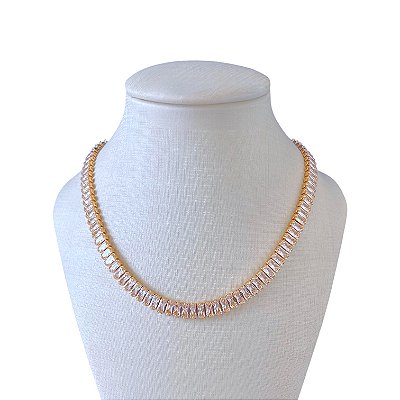 Choker Folheado Ouro 18k e Prata 925 Riviera Inteira Baguete Grossa
