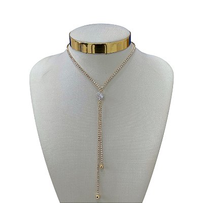 Colar Folheado Ouro 18k e Prata 925 Gravatinha Riviera Bolinha Cristal