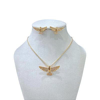 Conjunto Folheado Ouro 18k e Prata 925 Espírito Santo Cravejado