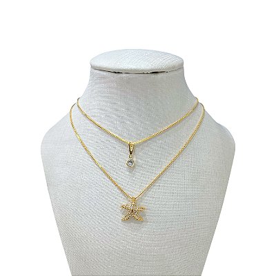 Colar Duplo Folheado Ouro 18k Estrela do Mar Cravejada