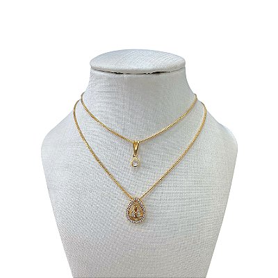 Colar Duplo Folheado Ouro 18k Nossa Senhora Cravejada Gota