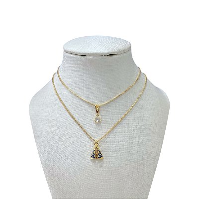 Colar Duplo Folheado Ouro 18k Nossa Senhora Cravejada