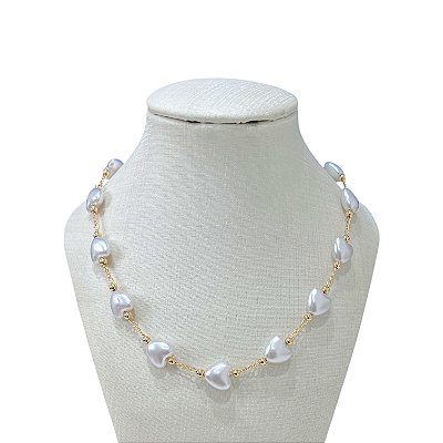 Colar Folheado Ouro 18k Corações Pérolas