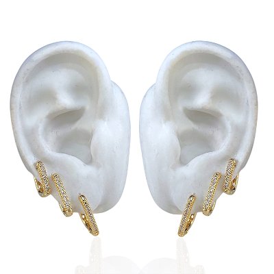 Trio Brincos Folheado Ouro 18k e Prata 925 Argolas Quadrada Cravejada