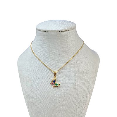 Colar Folheado Ouro 18k e Prata 925 Borboleta Cravejada