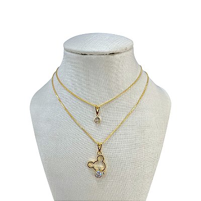 Colar Duplo Folheado Ouro 18k e Prata 925 Mickey Cravejado