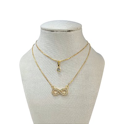 Colar Duplo Folheado Ouro 18k e Prata 925 Infinito Cravejado