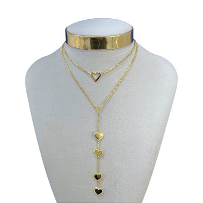 Colar Duplo Folheado Ouro 18k e Prata 925 Corações Gravatinha