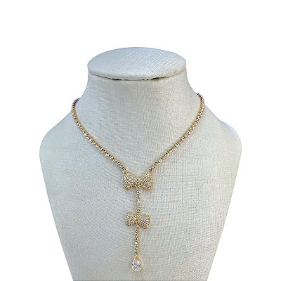 Colar Folheado Ouro 18k e Prata 925 Gravatinha Riviera Laços Cravejados