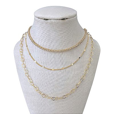 Colar Triplo Folheado Ouro 18k e Prata 925 Bolinhas Riviera Elos Corações