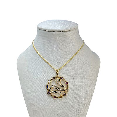 Colar Folheado Ouro 18k Mandala Serpente Cravejada