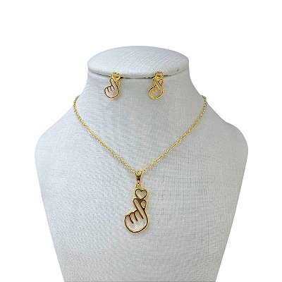 Conjunto Folheado Ouro 18k e Prata 925 Coração Coreano