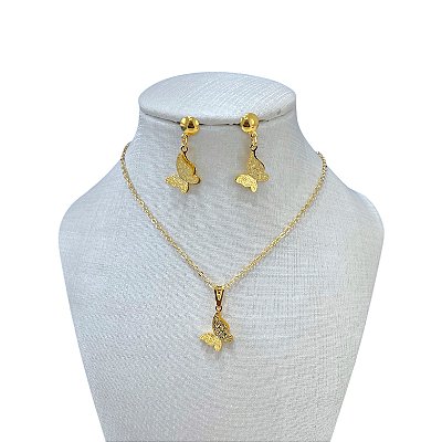 Conjunto Folheado Ouro 18k e Prata 925 Borboleta