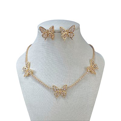 Conjunto Folheado Ouro 18k e Prata 925 Riviera Borboleta Cravejada