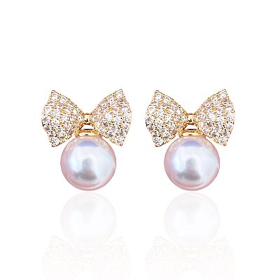 Brinco Folheado Ouro 18k e Prata 925 Laço Cravejado Pérola