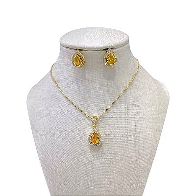 Conjunto Folheado Ouro 18k e Prata 925 Gota Cravejada