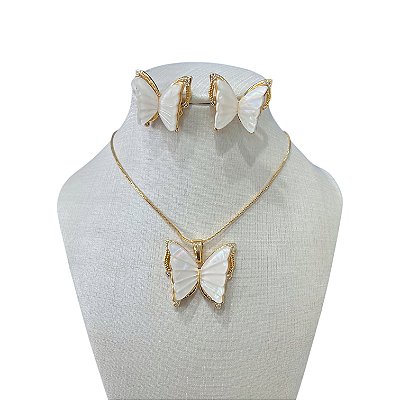 Conjunto Folheado Ouro 18k Borboleta Madrepérola