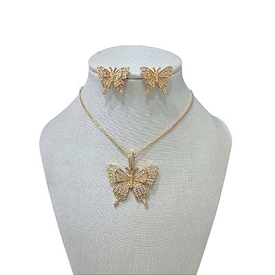 Conjunto Folheado Ouro 18k e Prata 925 Borboleta Cravejada