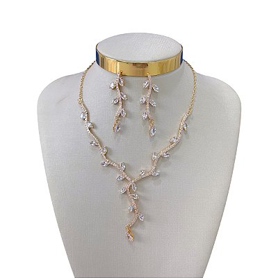 Conjunto Folheado Ouro 18k e Prata 925 Folhas Riviera Cravejada