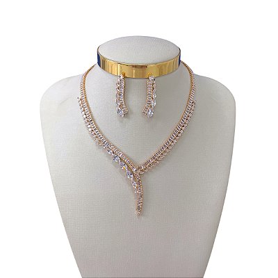 Conjunto Folheado Ouro 18k e Prata 925 Navete Riviera Cravejada