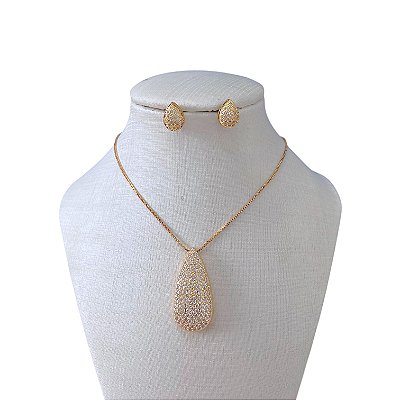 Conjunto Folheado Ouro 18k e Prata 925 Gota Comprida Cravejada