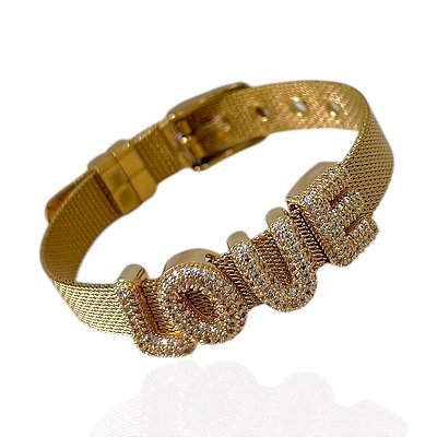 Pulseira Folheada Ouro 18k e Prata 925 Charm Love Cravejado