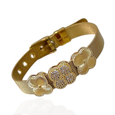 Pulseira Folheada Ouro 18k e Prata 925 Charm Trevo Cravejado