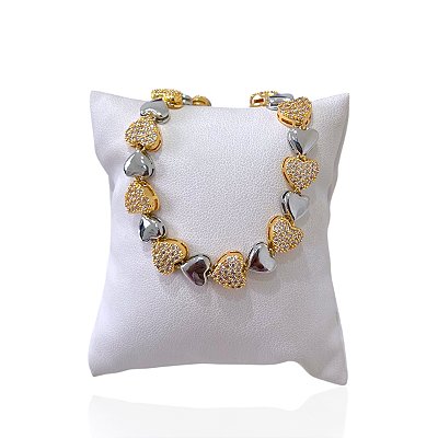 Pulseira Folheada Dois Banhos Corações Cravejado