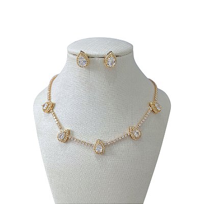 Conjunto Folheado Ouro 18k e Prata 925 Riviera Gotas Cravejada