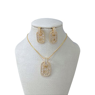 Conjunto Folheado Ouro 18k e Prata 925 Lacre Cravejado