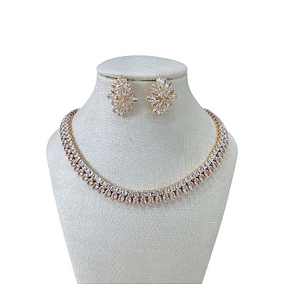 Conjunto Folheado Prata 925 Riviera Navete Cravejado