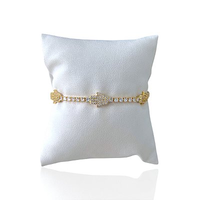 Pulseira Folheada Ouro 18k e Prata 925 Mão de Iansã Cravejada Trava