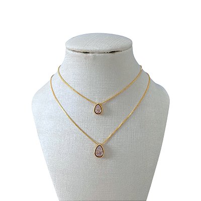 Colar Duplo Folheado Ouro 18k e Prata 925 Gota Ponto de Luz