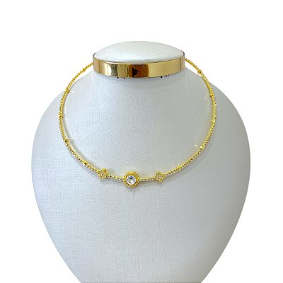 Choker Folheada Ouro 18k e Prata 925 Aro Strass Trevo Ponto de Luz