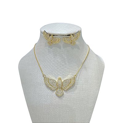 Conjunto Folheado Ouro 18k e Prata 925 Espírito Santo Cravejado Grande