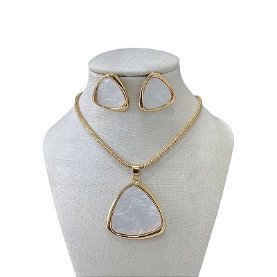 Conjunto Folheado Ouro 18k Malha Madrepérola Triângulo
