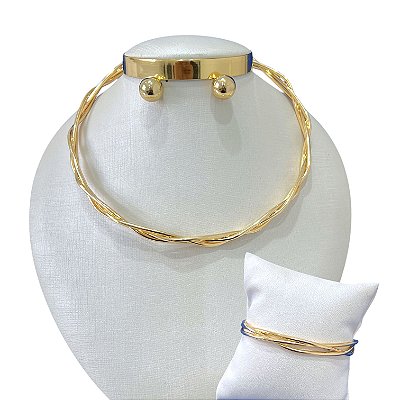 Conjunto aro Bijuteria Dourado e Prata Trançado