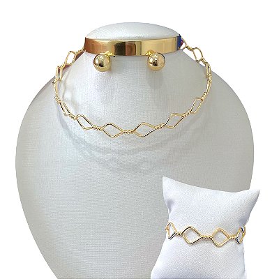 Conjunto aro Bijuteria Dourado e Prata Losango
