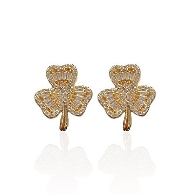 Brinco Folheado Ouro 18k e Prata 925 Trevo Cravejado