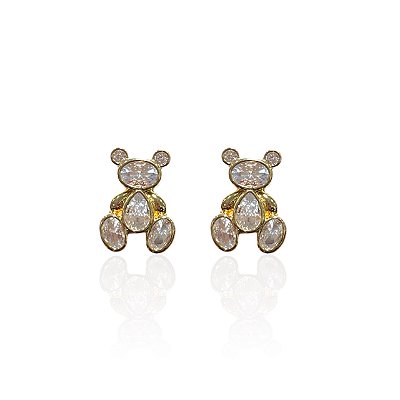 Brinco Folheado Ouro 18k e Prata 925 Urso Cravejado