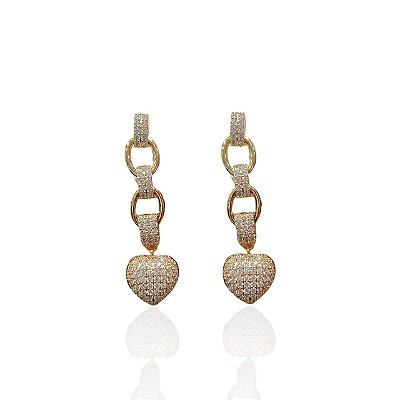 Brinco Folheado Ouro 18k e Prata 925 Elos Coração Cravejado
