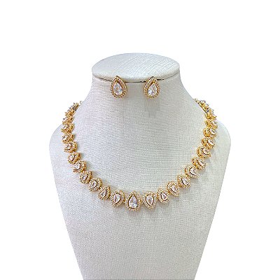 Conjunto Folheado Ouro 18k e Prata 925 Inspired Mimi Gotas Cravejada