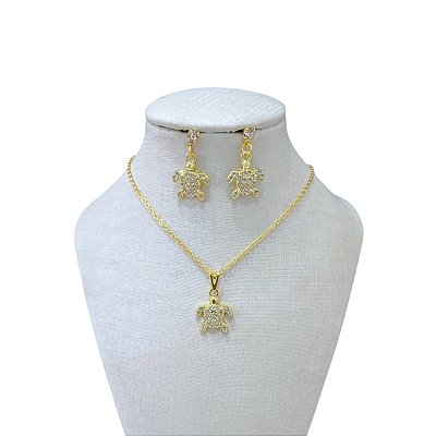 Conjunto Folheado Ouro 18k Tartaruga Strass