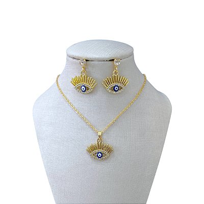 Conjunto Folheado Ouro 18k Olho Grego Strass