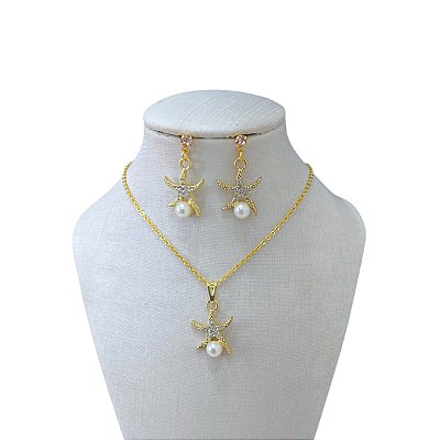 Conjunto Folheado Ouro 18k Estrela Pérola Strass