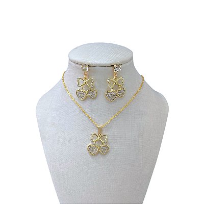 Conjunto Folheado Ouro 18k Cereja Strass