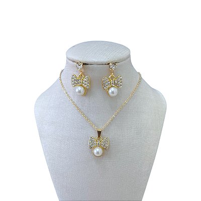 Conjunto Folheado Ouro 18k Laço Pérola Strass