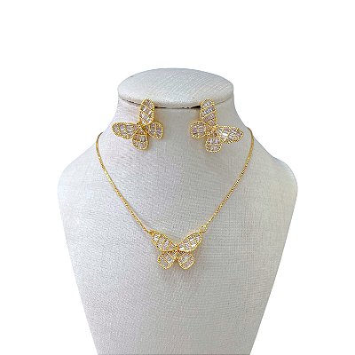 Conjunto Folheado Ouro 18k e Prata 925 Borboleta Cravejada