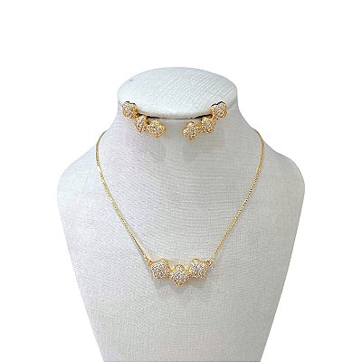 Conjunto Folheado Ouro 18k e Prata 925 Trevos Cravejado
